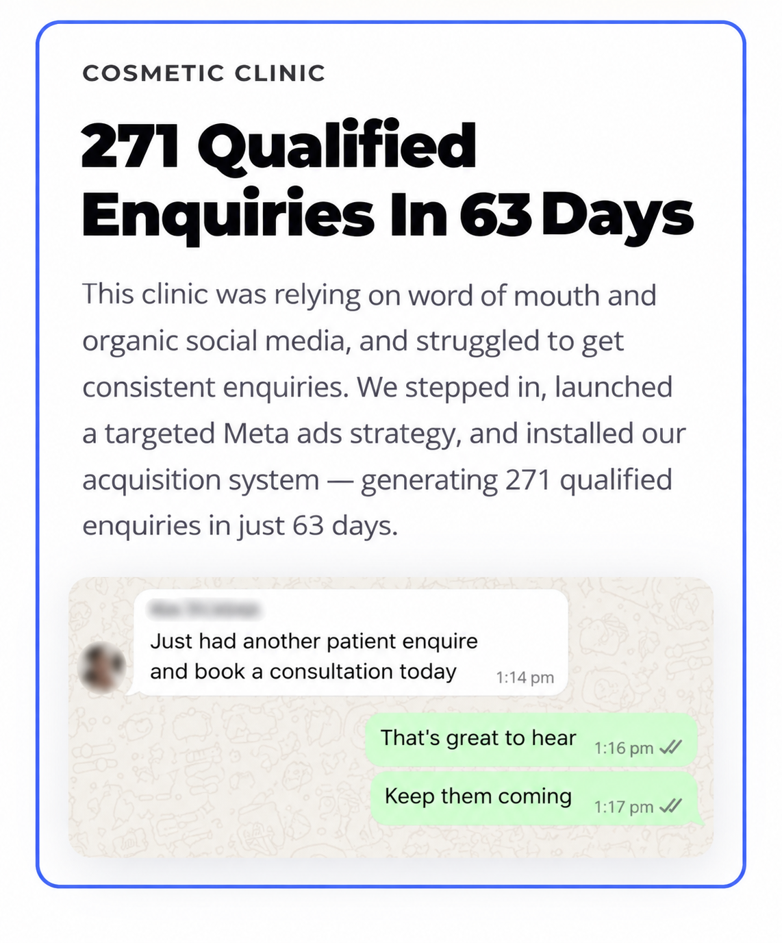 WhatsApp win — a cosmetic clinic generating 271 qualified enquiries in 63 days
